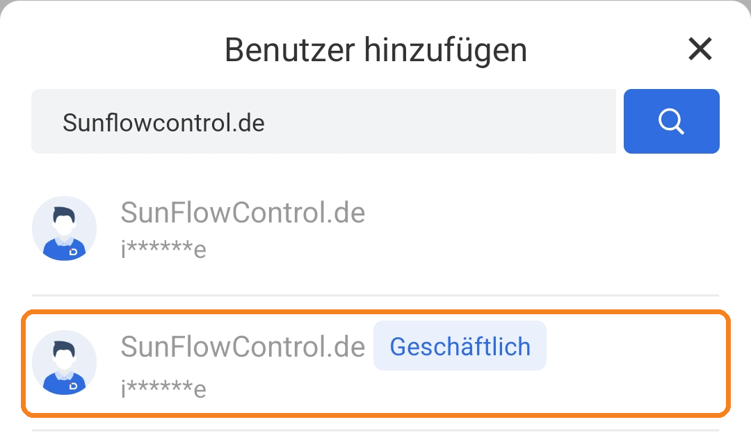 Suche nach Sunflowcontrol.de mit zwei Treffern, der Eintrag mit dem Zusatz Geschäftlich ist markiert