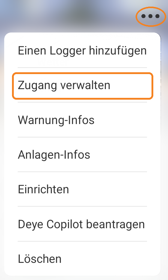 Menü der Anlage in der Deye-Cloud-App mit dem Eintrag Zugang verwalten