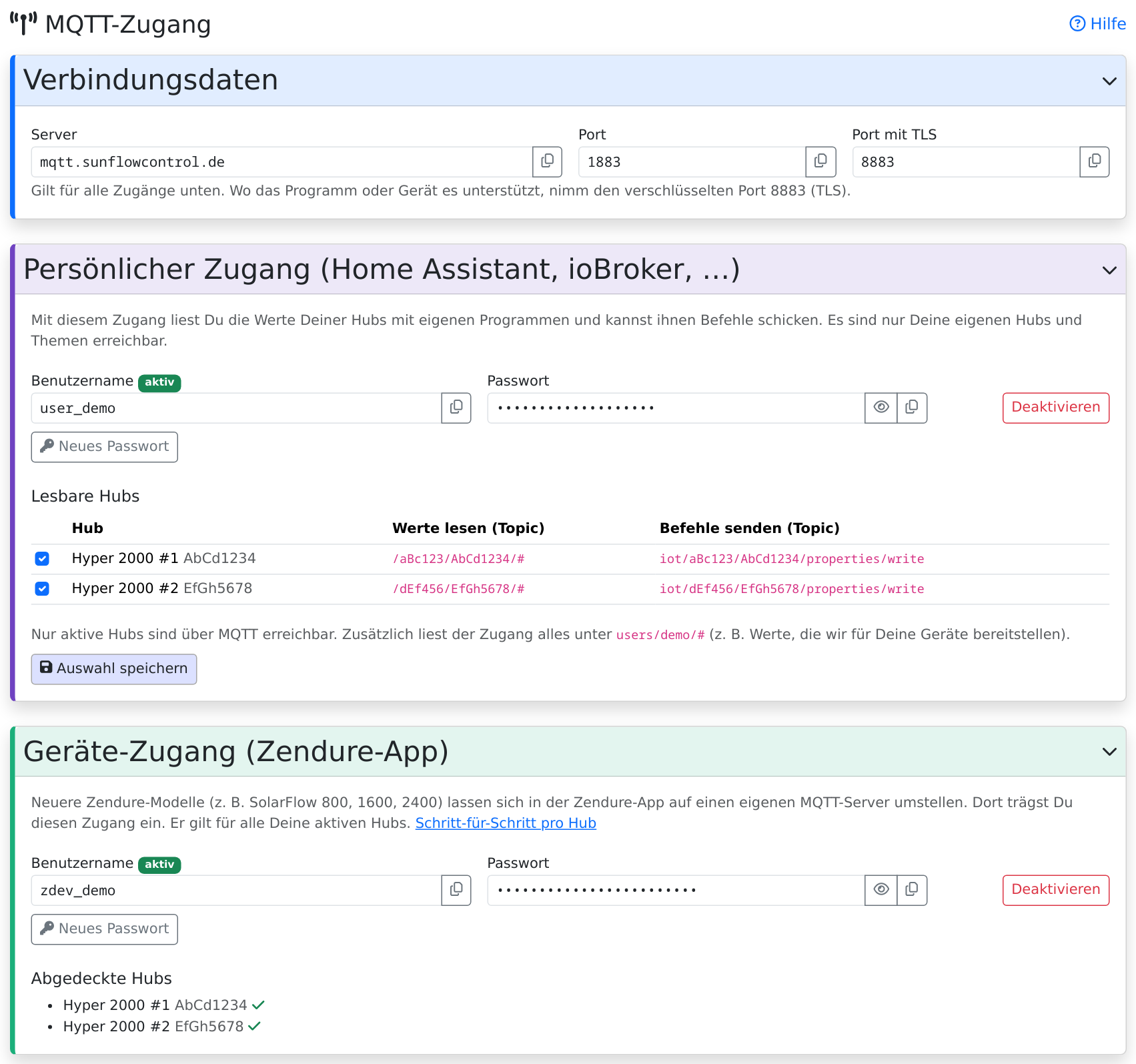 Seite MQTT-Zugang mit Server und Ports, dem persönlichen Zugang mit Benutzername, verdecktem Passwort und den lesbaren Hubs samt Topics sowie dem Geräte-Zugang für die Zendure-App