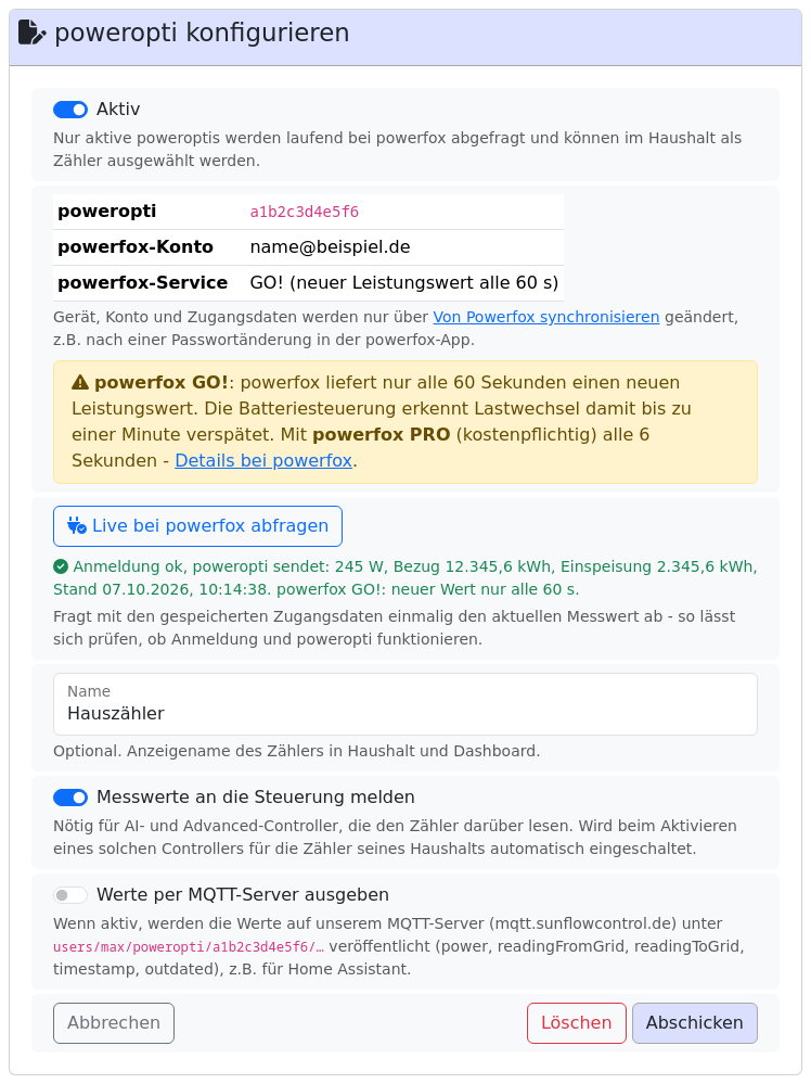 Seite poweropti konfigurieren mit Schalter Aktiv, poweropti-ID, powerfox-Konto und Service als Text, Hinweis zu GO!, erfolgreicher Live-Abfrage, Name und den Schaltern Messwerte an die Steuerung melden und Werte per MQTT-Server ausgeben