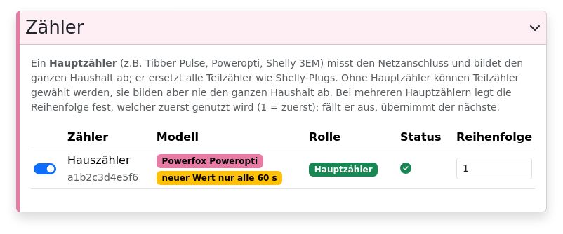 Abschnitt Zähler der Haushaltsseite mit dem poweropti eingeschaltet als Hauptzähler, Reihenfolge 1, und dem Hinweis neuer Wert nur alle 60 s