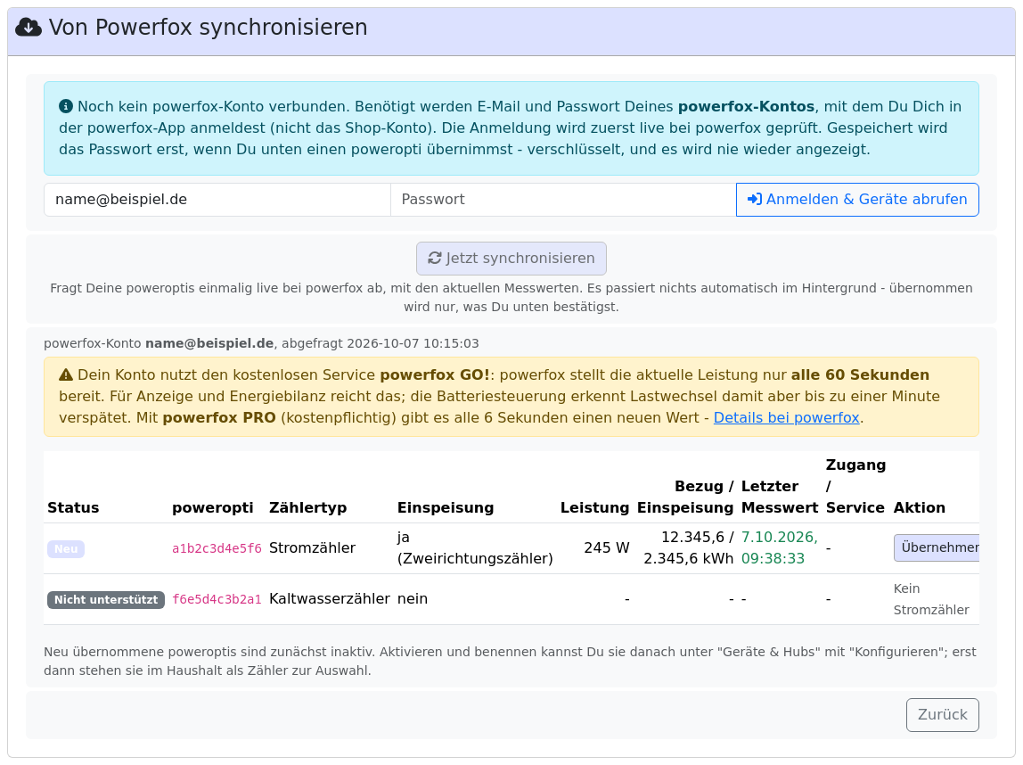 Seite Von Powerfox synchronisieren nach der Anmeldung: Hinweis auf powerfox GO! mit neuem Wert alle 60 Sekunden, darunter die Liste mit einem neuen poweropti am Stromzähler samt aktueller Leistung und Zählerständen und einem nicht unterstützten Kaltwasserzähler