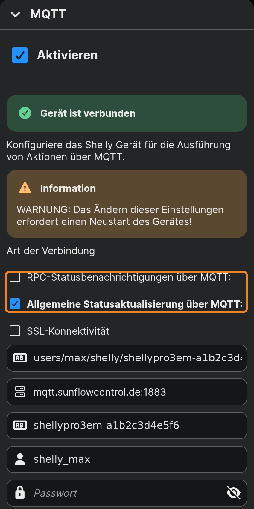 MQTT-Einstellungen in der Shelly-App mit Präfix, Server, Client-ID, Benutzername und Passwort