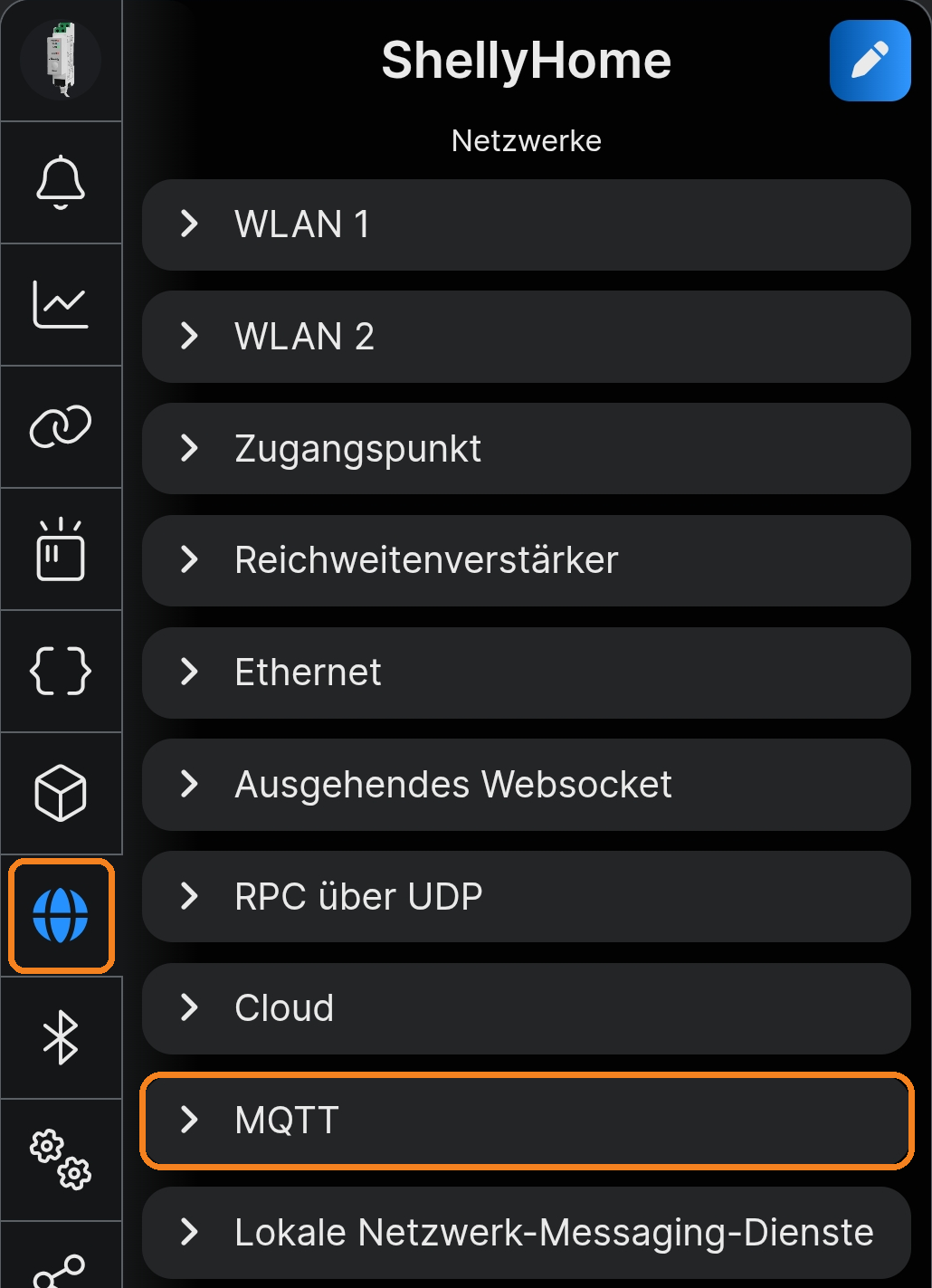 Einstellungen eines Shelly in der Shelly-App, Bereich Netzwerke mit markiertem Eintrag MQTT