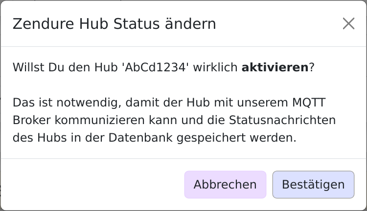 Dialog Zendure Hub Status ändern mit der Frage, ob der Hub wirklich aktiviert werden soll, und den Knöpfen Abbrechen und Bestätigen