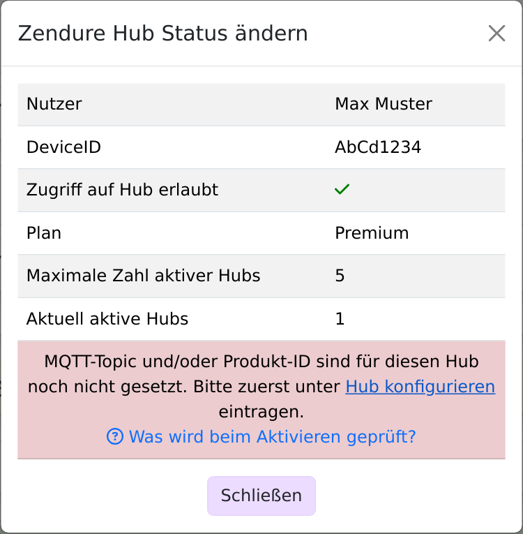 Ergebnis der Aktivierung mit rot hinterlegtem Hinweis, dass MQTT-Topic und/oder Produkt-ID noch nicht gesetzt sind
