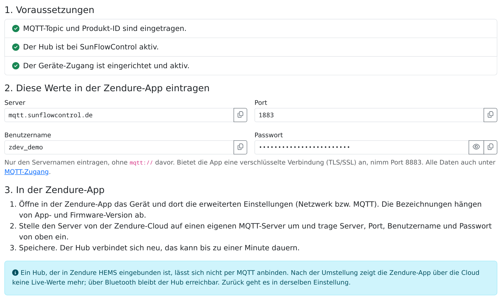 Voraussetzungen mit drei grünen Haken, darunter Server, Port, Benutzername und Passwort zum Kopieren und die Schritte in der Zendure-App