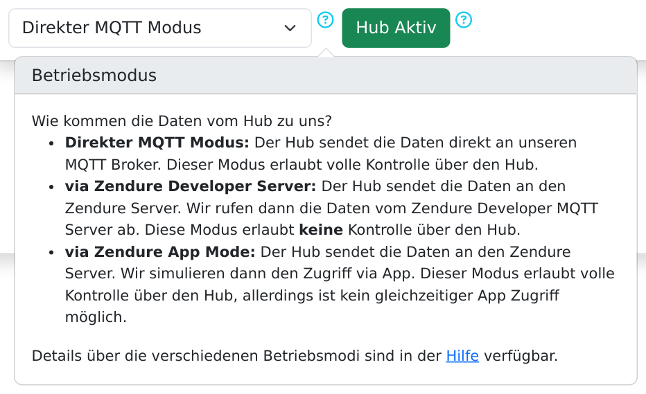 Auswahl Direkter MQTT Modus mit geöffneter Erklärung der drei Betriebsmodi