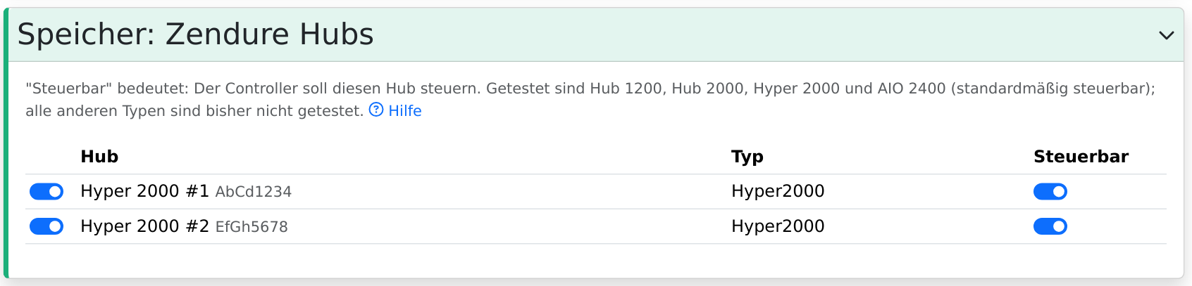 Abschnitt Speicher: Zendure Hubs in der Haushaltskonfiguration mit zwei Hubs, beide dem Haushalt zugeordnet und steuerbar