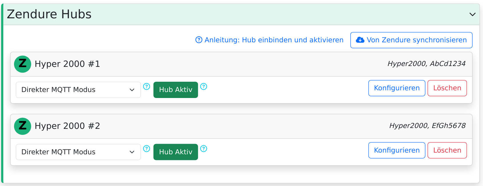 Abschnitt Zendure Hubs mit zwei Hubs, je mit Auswahl des Betriebsmodus, grünem Knopf Hub Aktiv sowie Konfigurieren und Löschen