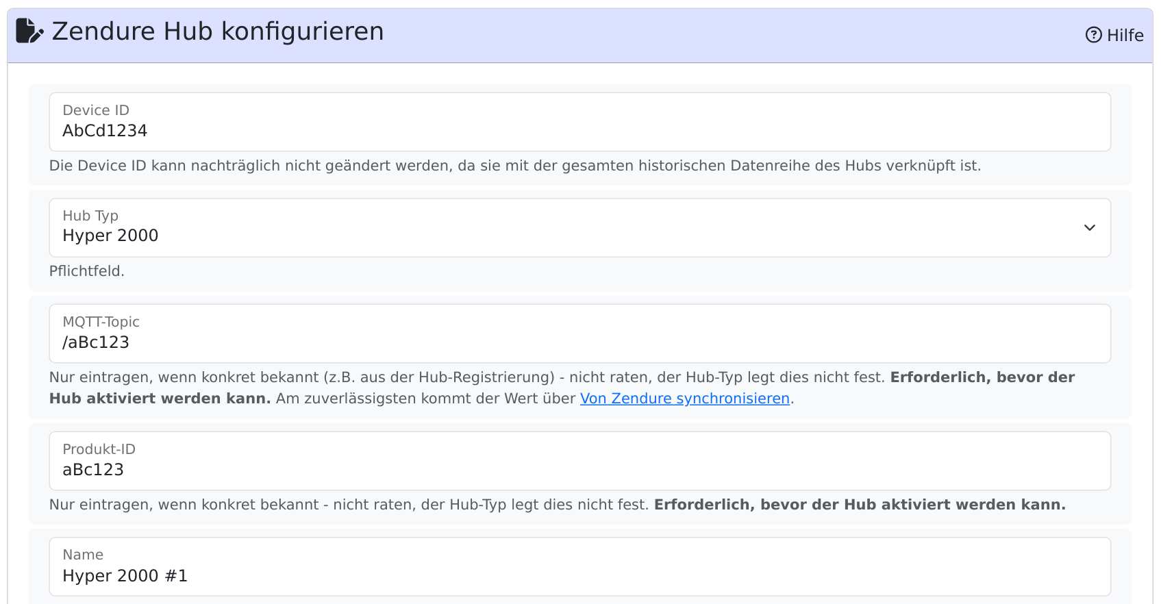 Formular Zendure Hub konfigurieren mit den Feldern Device ID, Hub Typ, MQTT-Topic, Produkt-ID und Name
