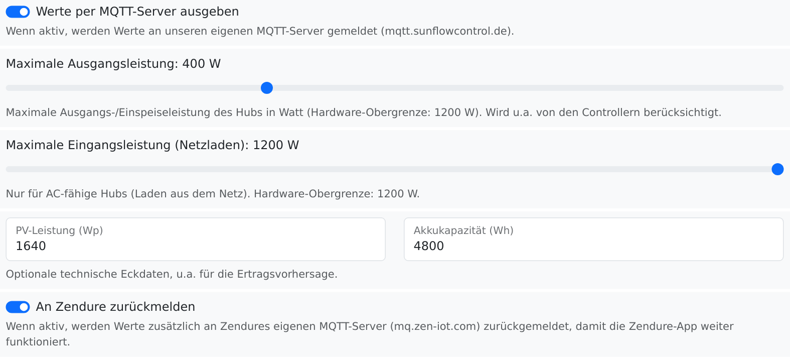 Schalter Werte per MQTT-Server ausgeben, Regler für maximale Ausgangs- und Eingangsleistung, Felder für PV-Leistung und Akkukapazität, Schalter An Zendure zurückmelden