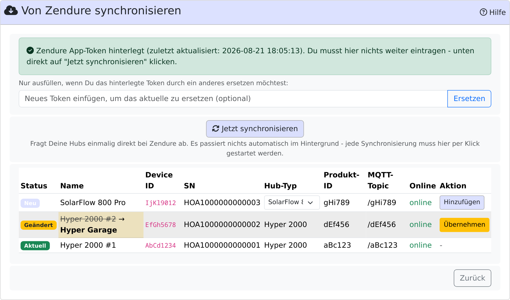 Seite Von Zendure synchronisieren mit hinterlegtem App-Token und einer Liste mit je einem neuen, einem geänderten und einem aktuellen Hub